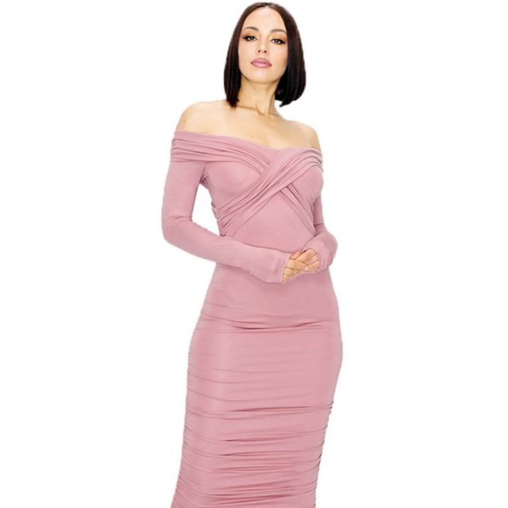 BEAUTIFUL MAUVE, RUFFLED SIDE, STRTECH, OFF THE SHOULDER MIDI DRESS (SIZES S-L)